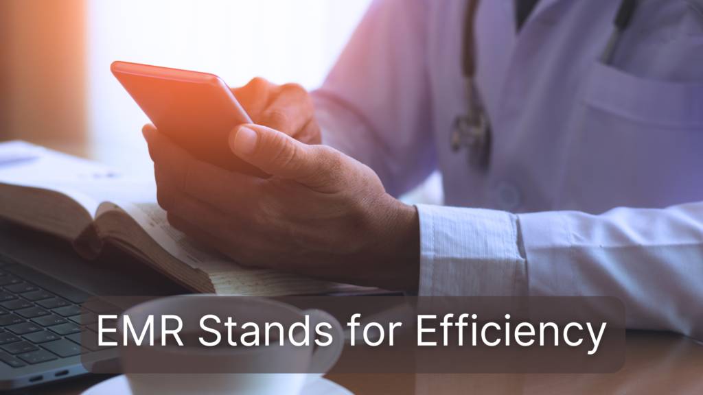 EMR stands for efficiency as a doctor with a stethoscope uses his mobile phone and laptop
